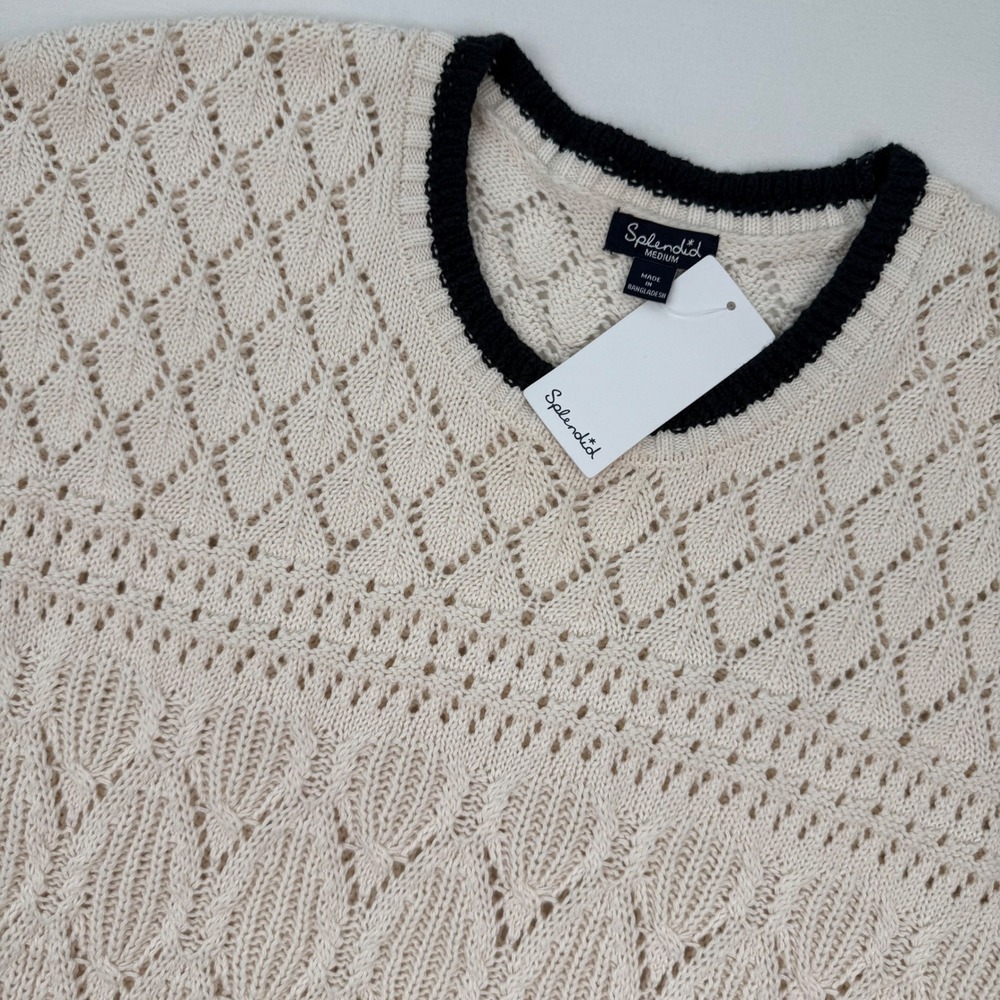 Splendid Honore Tipped Cotton Sweater Women M Cream Navy Pointelle Knit New - Picture 4 of 8